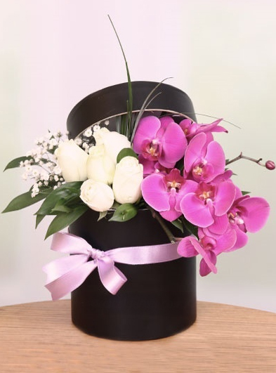 Kutulu Beyaz Gül ve Orkide